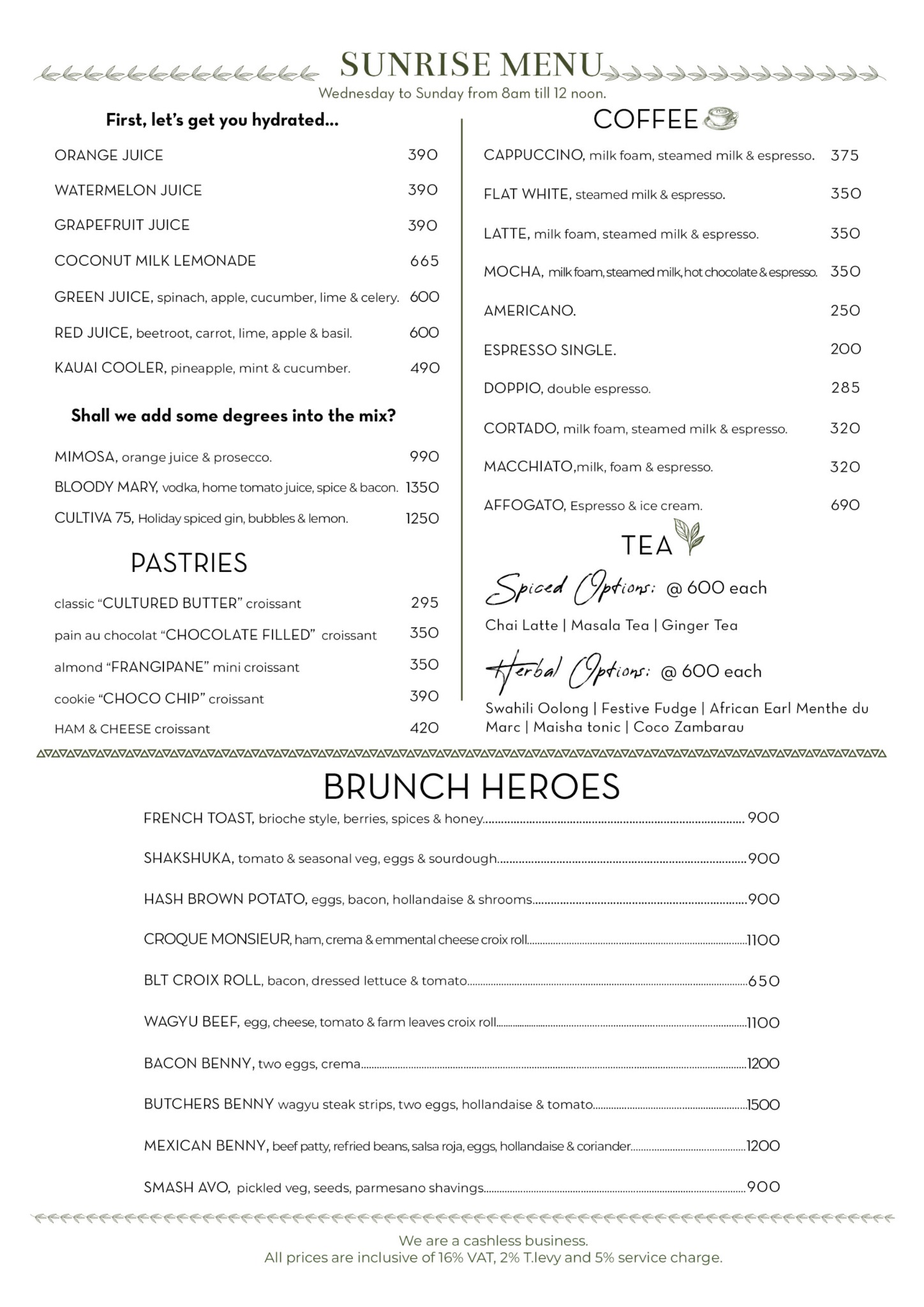 Cultiva sunrise menu